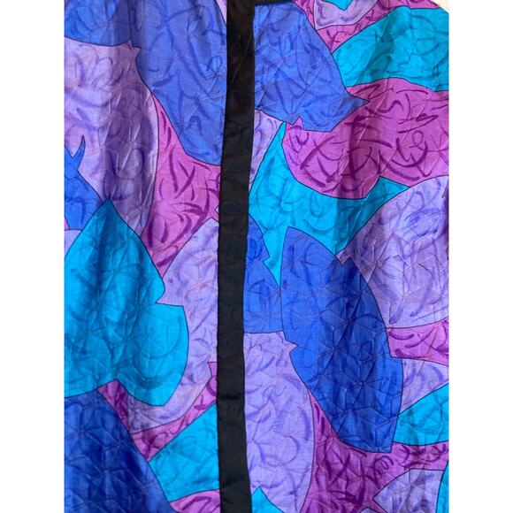 Vintage Bernini Top Womens 14 Cobalt & Purple Leaf Print Satin Button Front 80s - Picture 7 of 15